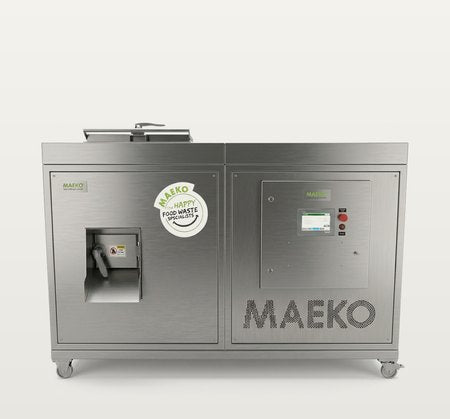 MAEKO CW100 on-site food-waste composter: a stainless cabinet with a front feed chute, a touch-screen control panel and castors.