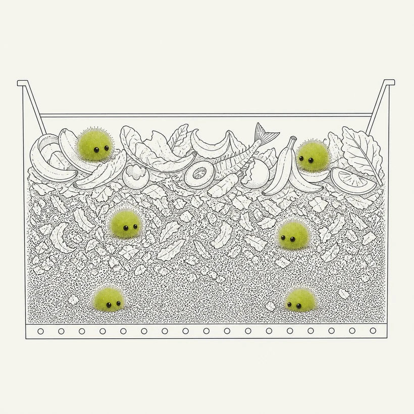 Line drawing: a cutaway of the composting chamber. The bed is drawn in three layers — recognisable kitchen waste on top (banana skins, cabbage leaves, a fish, a citrus slice, half an eggshell), torn half-broken fragments in the middle, and fine crumb resting on the perforated floor. Six Speedos live at all three depths, the lowest two half-buried with only their tops and eyes showing.