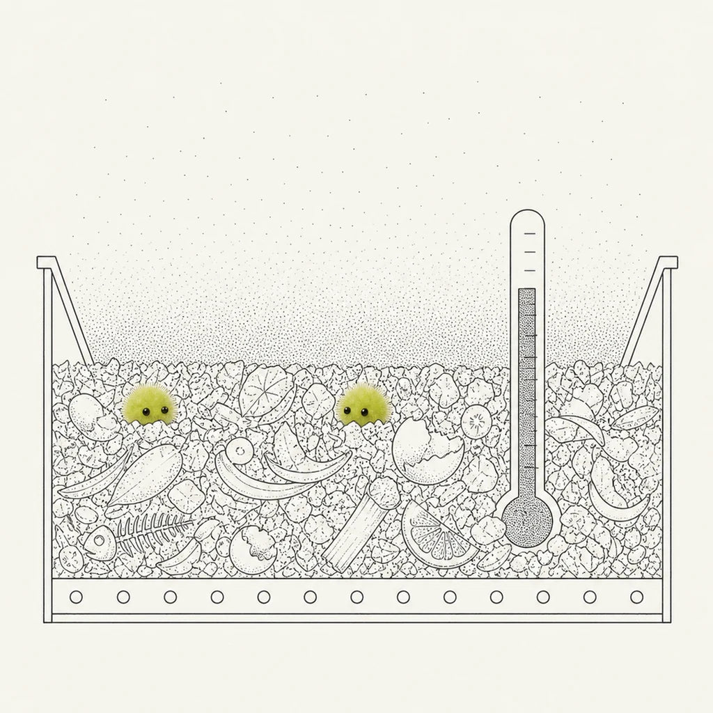 Line drawing: a cutaway of the composting bed inside its chamber, a dense stipple of heat lifting off the bed surface and thinning as it rises, two Speedos half-buried in the material, and a thermometer standing in the bed itself with its bulb sunk among the pieces and its unnumbered scale rising clear of the surface.