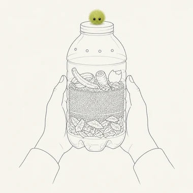 Line drawing: two hands holding a cut-down plastic bottle rebuilt as a small compost vessel — dry leaves at the bottom, soil above, kitchen scraps on top, air holes near the shoulder.