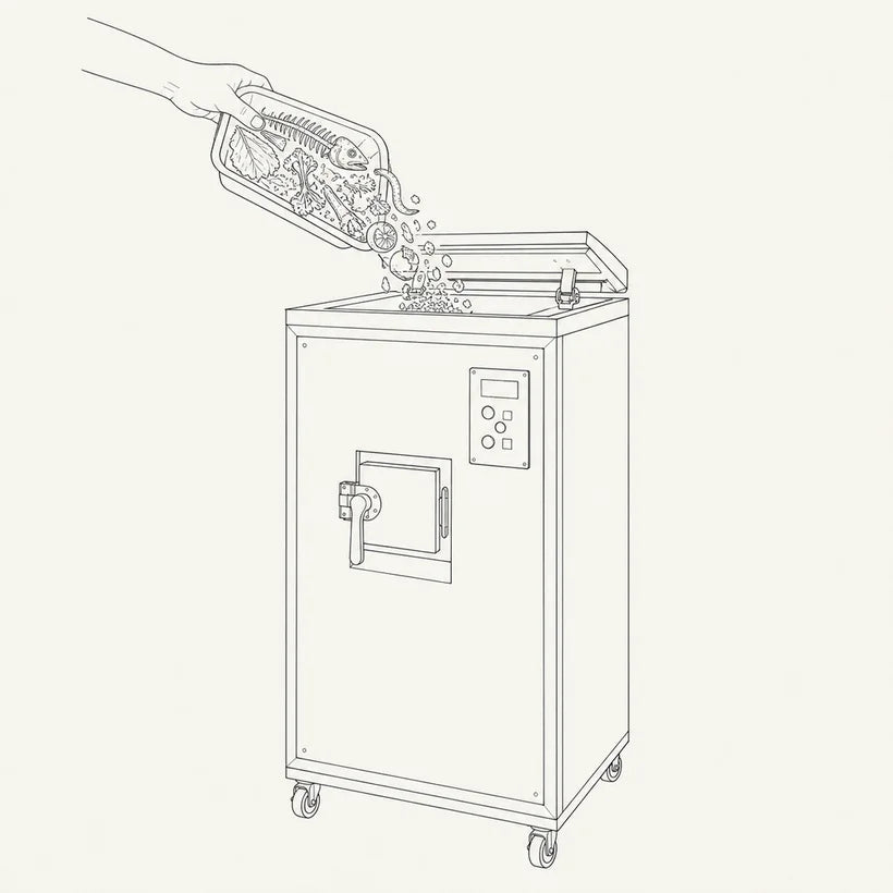 Line drawing: a hand tipping a kitchen tray of fish bones, vegetable trim and peel into the open hopper on top of a tall upright MAEKO composter, with Speedo the culture waiting on the floor beside it.