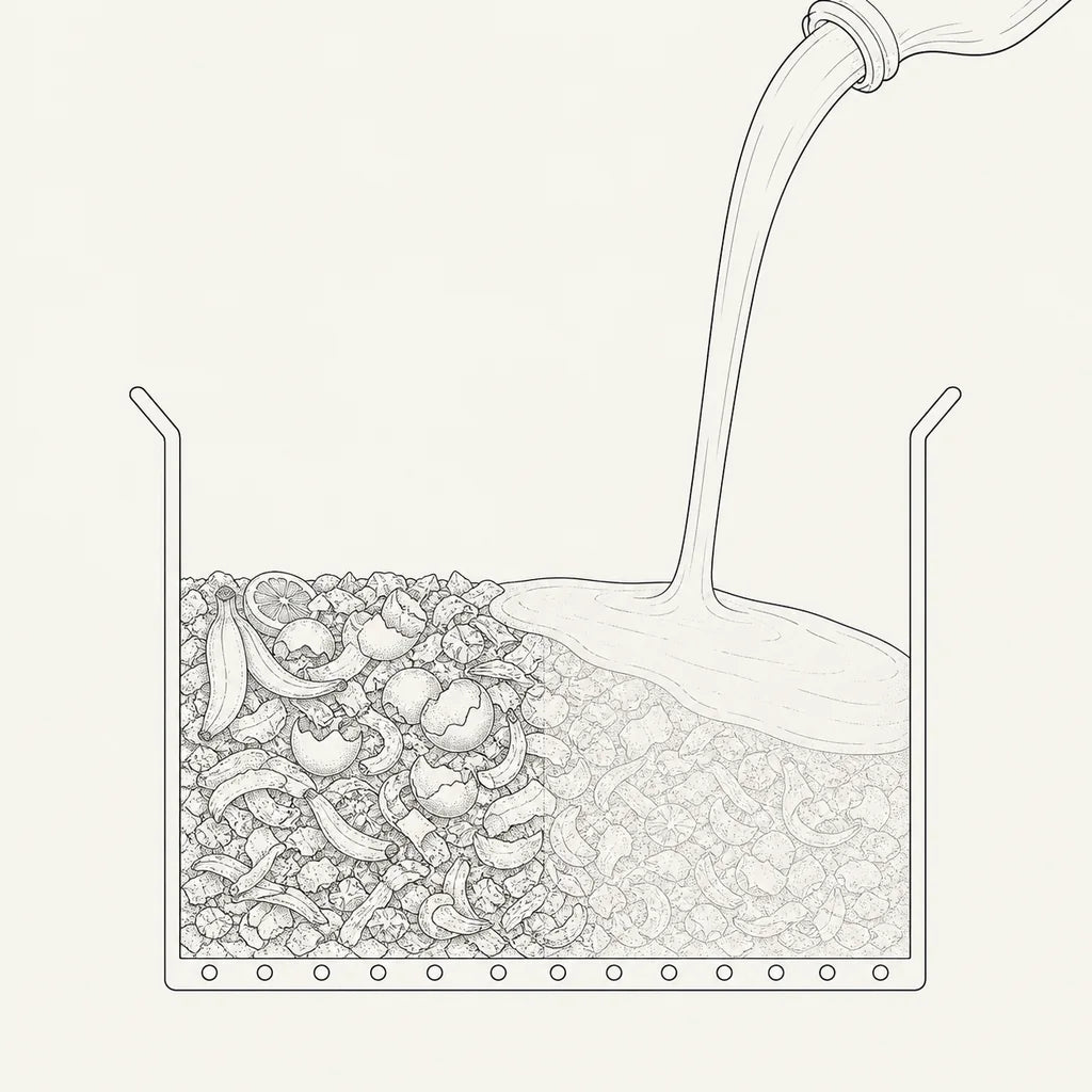 Line drawing: one cutaway composting bed under two different loads. On the left the bed is open and airy, with gaps between the pieces. On the right a heavy pour of oil comes down into the chamber and lies over the same bed as a smooth unbroken skin: the pieces beneath it are still whole but packed tight with the gaps closed. Speedo, the culture, sits half-sunk in the oil.