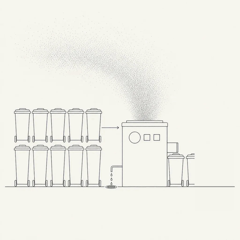 Line drawing: ten identical wheelie bins stand in two rows of five at the left, and a slim arrow points from them into a plain machine cabinet with a blank front panel. Two more bins, drawn at exactly the same size as the ten, stand at the right under the machine's outlet chute. A wide plume of fine stipple lifts off the machine's lid and drifts away, thinning as it rises. On the machine's other side a thin pipe drips three drops into a small drain set in the floor. Speedo, the culture, stands on the floor line beyond the two bins.