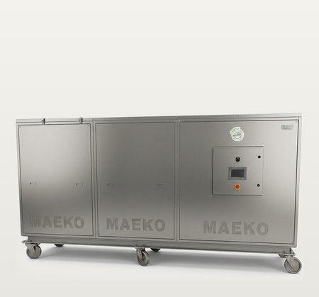 MAEKO CW500: a long three-panel stainless composter on castors with a control panel at the right