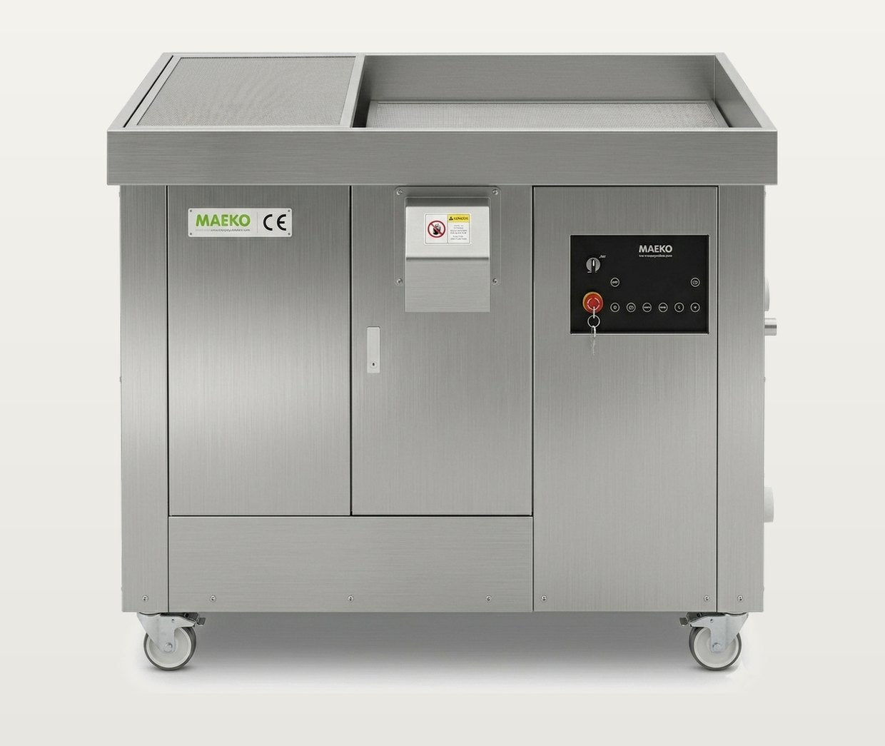 MAEKO WOF-400HR separator: a wide stainless cabinet on castors with a covered tray across the top and a control panel on the right.