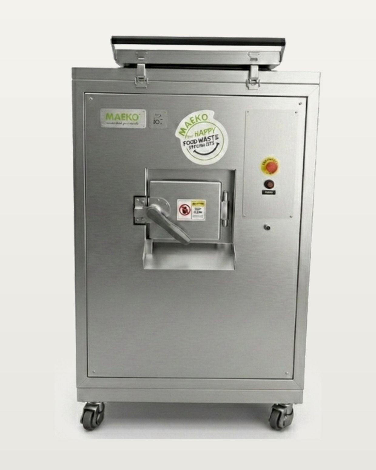 MAEKO MW30 on-site food-waste composter: a stainless upright with a lid handle, a front feed hatch, a control cluster and castors.