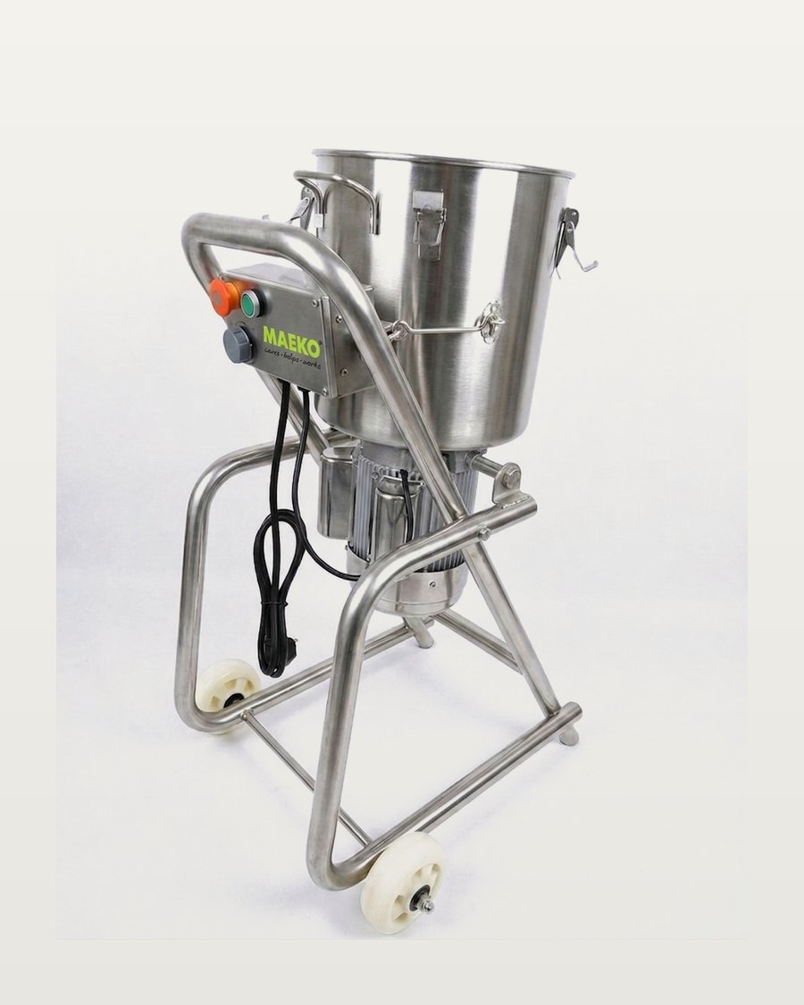 A MAEKO food grinder: a stainless hopper bowl over a motor, on a wheeled tubular trolley with a start/stop control box.