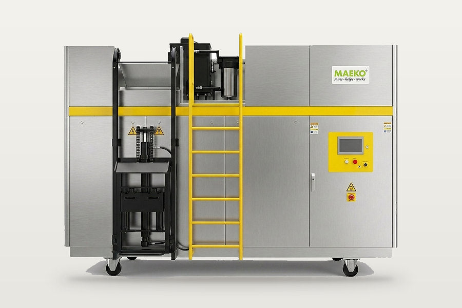 MAEKO CW1000 on-site food-waste composter: a facility-scale stainless machine with a safety ladder and platform on the left and a bin-lifter column beside it.