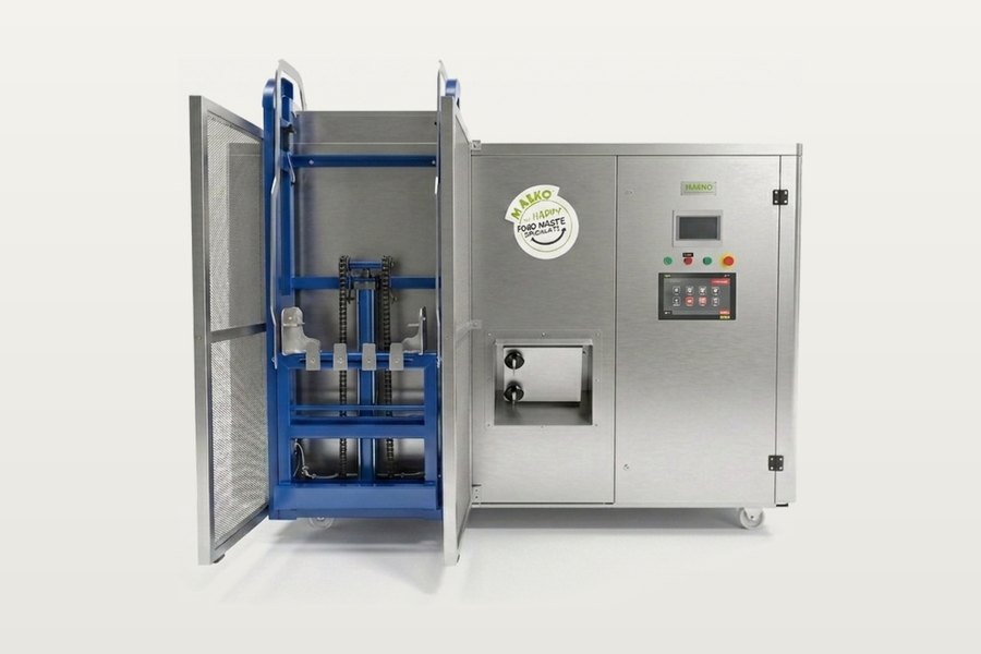MAEKO LQ300 liquid digester with both front doors open, showing the bin-lifter frame and the internal assembly.