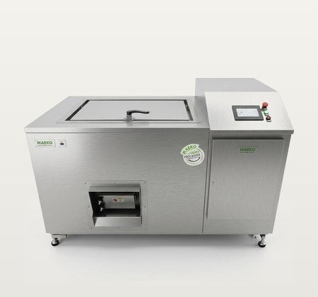 MAEKO LQ100 liquid digester with a hinged top lid, a front discharge drawer and a control tower