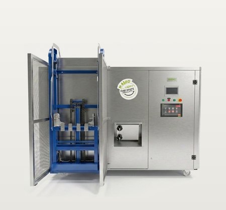 MAEKO LQ300 liquid digester with its doors open, showing the blue bin-lifter frame