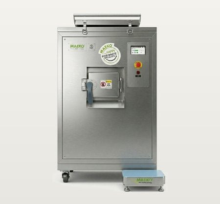 MAEKO MW30i, the same composter carrying a connected touch panel, beside a small MAEKO floor platform