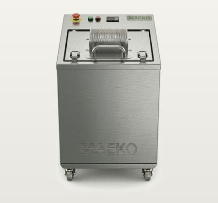 MAEKO MW15, a compact stainless composter on castors with a lift-off lid and a control panel across the top