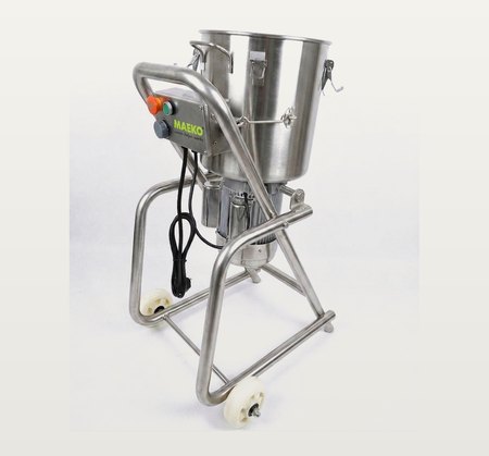 A MAEKO food grinder on a wheeled tubular trolley: a stainless hopper bowl over a motor, with a start/stop control box.