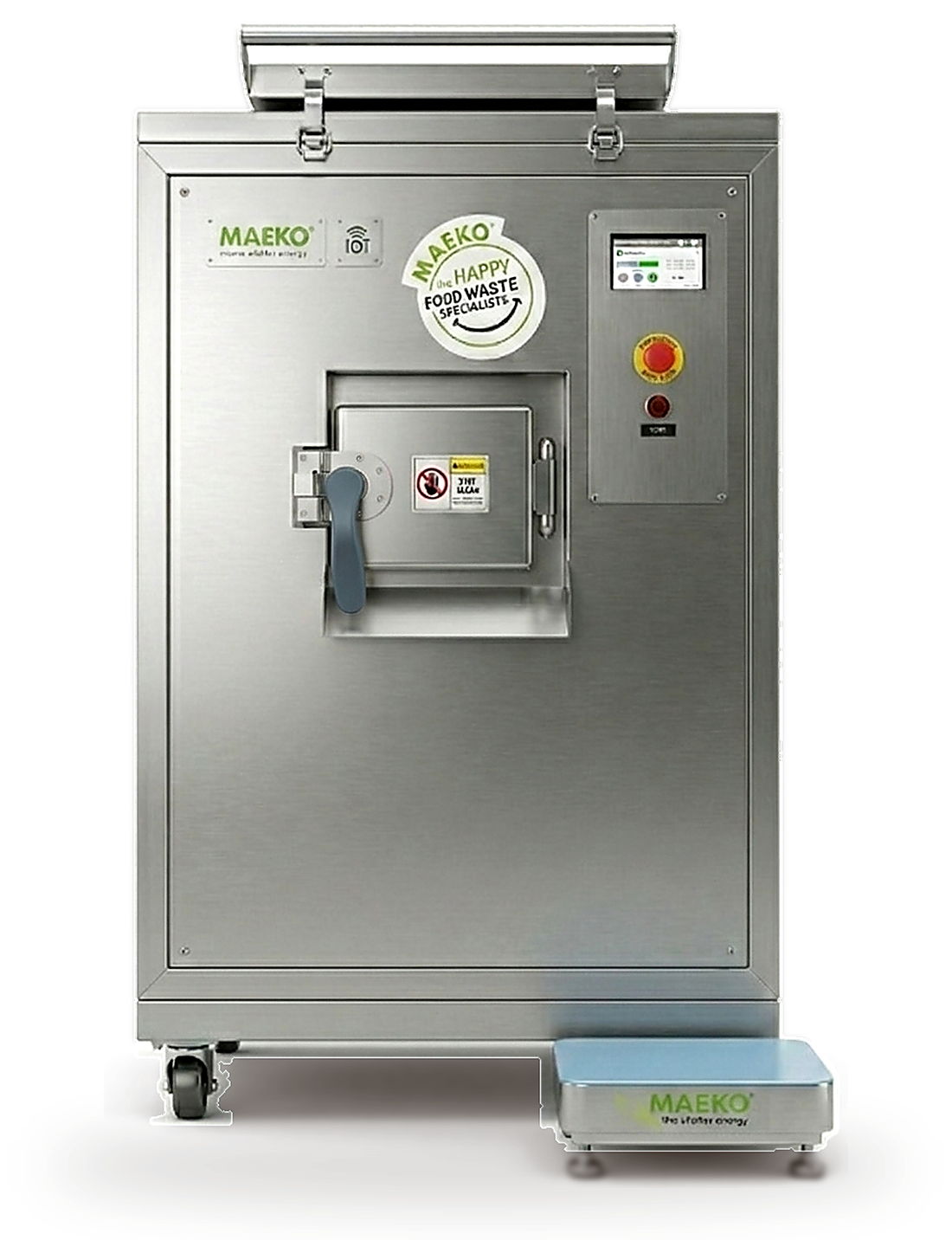 A MAEKO MW30 on-site food-waste composter: a stainless-steel cabinet on castors, with its weighing platform beside it.