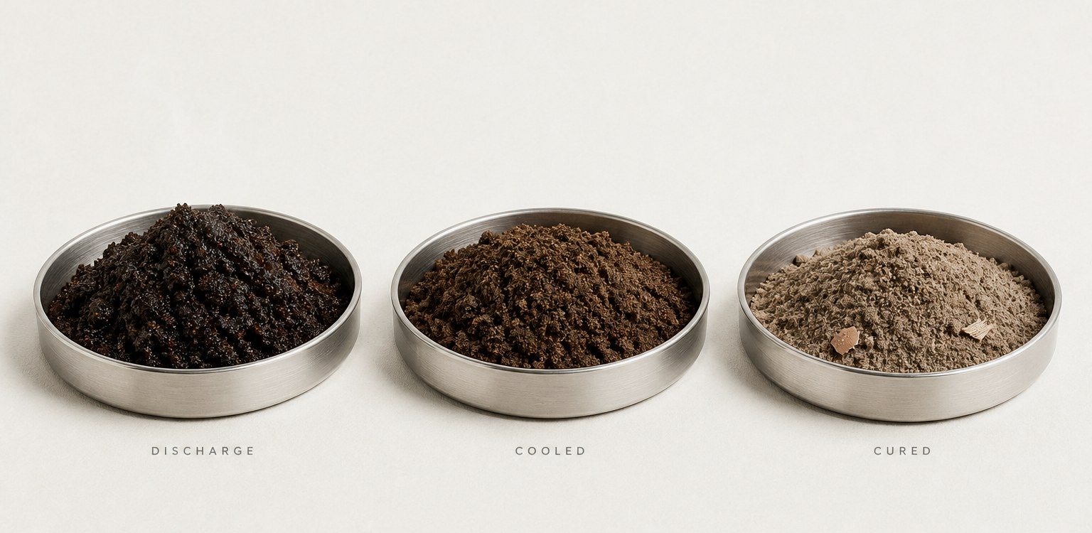 Three shallow steel dishes of compost, left to right: dark and coarse from mixed food waste, mid-brown and crumbly from garden waste, pale and fine from high-carb food waste