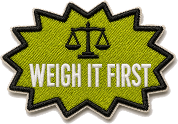 Tan stamp reading WEIGH IT FIRST