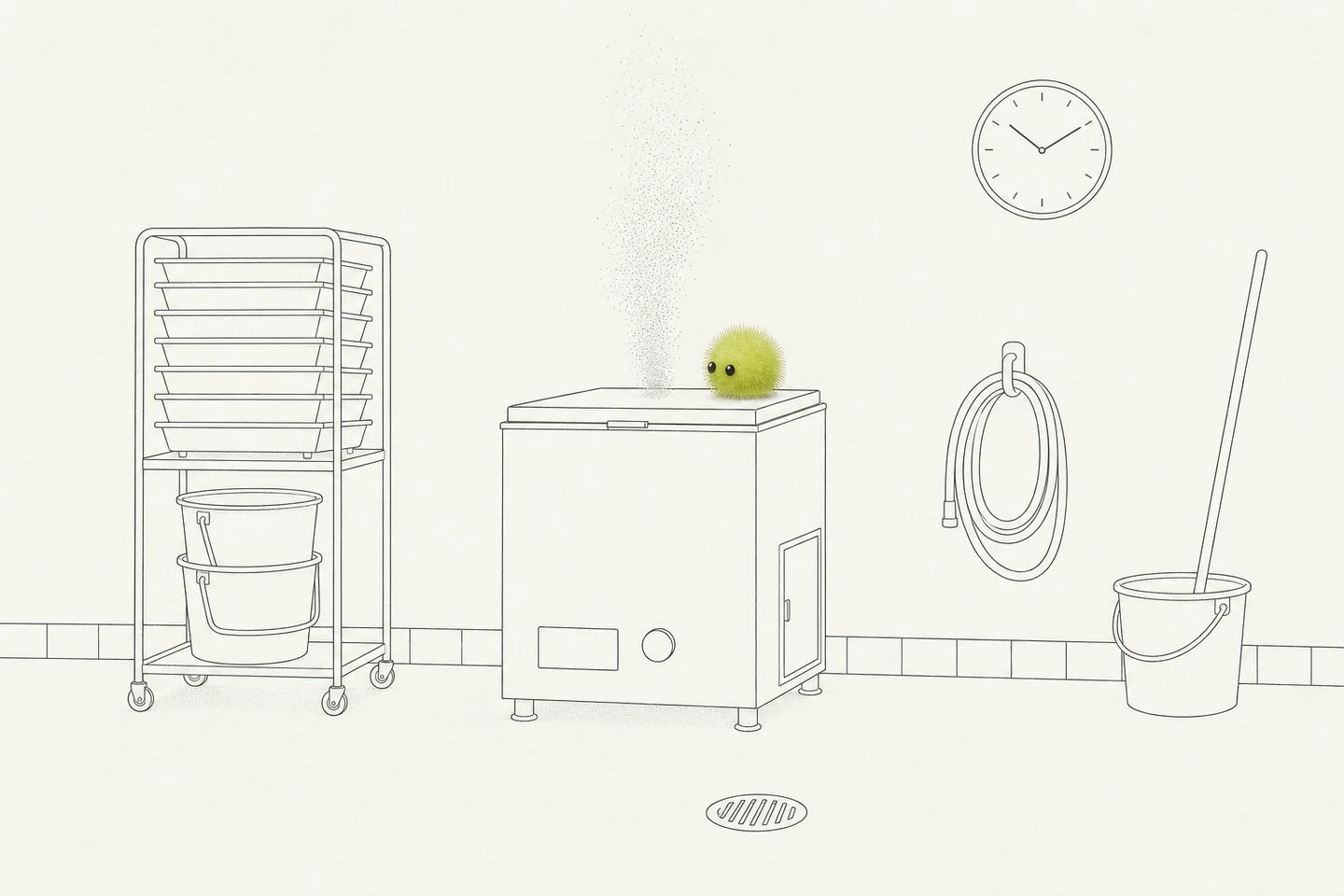 Line drawing of an empty back-of-house service room after service: a wheeled rack of stacked empty kitchen trays with two buckets under it on the left, a plain closed composting cabinet in the middle with a fine stipple of warmth rising from its shut lid and Speedo resting on top of it, a wall clock with tick marks and hands but no numbers on the right, a coiled hose on a hook and a mop standing in a bucket. Nobody is in the room.