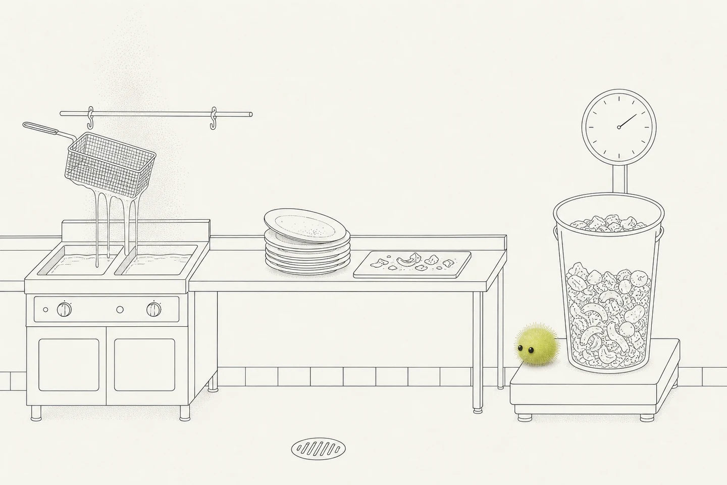 Line drawing of a commercial kitchen line at the end of service: at the left a twin-tank deep fryer with a wire basket lifted onto the rail above it and long slow strands of oil running off it back into the tank; in the middle a stack of used plates and a chopping board with trim; at the right a tall bin of mixed food scraps standing on a platform weighing scale whose round dial carries tick marks and a needle but no numbers, with Speedo sitting on the edge of the scale platform.