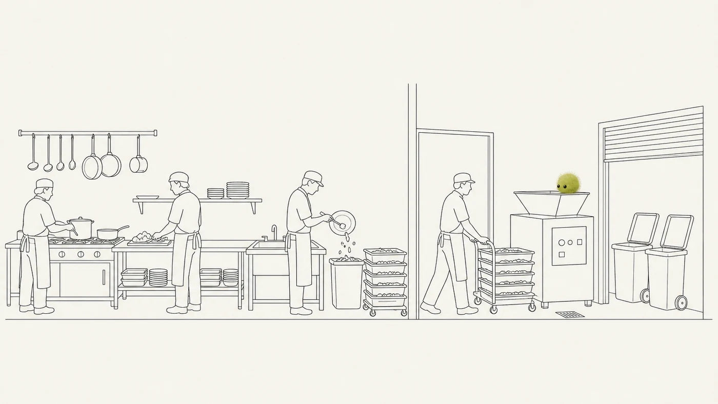 Line drawing of one back-of-house floor in cross-section. On the left the cooking line: a rack of hanging ladles and pans, a cook at a range with a stockpot, a cook at a prep bench under a shelf of stacked plates, and a kitchen crew member scraping a used plate into a bin at the scrape&nbsp;station, with a trolley of loaded scrap trays beside him. A wall with an open doorway divides the room. On the right, in the bin bay, a second crew member pushes an identical tray trolley toward a composting machine — a plain cabinet with a funnel hopper on top and a blank control plate — beside a floor drain, a part-raised roller shutter and two empty wheelie bins. Speedo, the culture, sits on the hopper rim watching the trolley arrive.