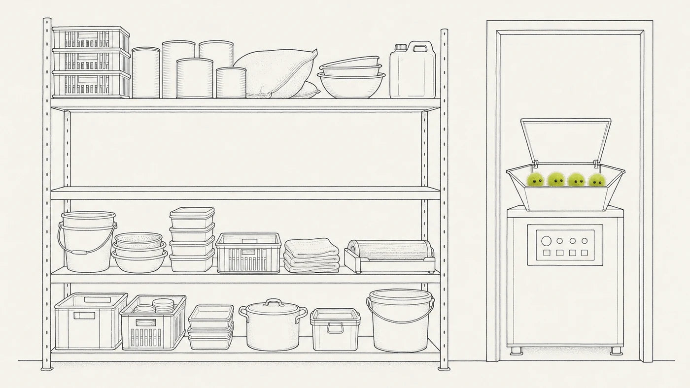 Line drawing of a dry store&nbsp;room. A four-shelf steel rack holds ordinary kitchen stock — stacked ventilated crates, large tins, a slumped sack, nested bowls, a jerry can, a bucket, a colander, square containers, folded cloths, a cling-film dispenser, a stockpot and a large pail. The second shelf down, at eye height, is completely bare: an empty plank with clear space right through the rack. Through a doorway on the right stands a composting machine with its hopper lid tipped open, and four Speedos are clustered down inside the open hopper with only their tops and eyes showing.