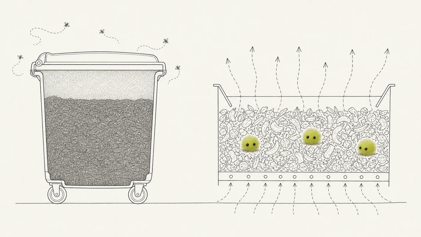 Line drawing of two objects on one floor line. On the left a four-wheeled wheelie bin with its lid shut: the cutaway shows the waste inside slumped into a single dark compacted mass with no gaps, a stagnant haze trapped in the space beneath the closed lid with nowhere to go, and five flies circling outside near the lid seam. Nothing is alive in it. On the right the open composting chamber in cutaway: the bed is loose, its pieces individually drawn with clear gaps between them, dashed airflow arrows rise from below through the perforated floor, pass up through the bed and out of the open top into clear paper, and three Speedos sit up in the bed. No haze and no flies on this side.