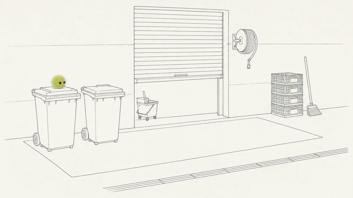 Line drawing of the back service yard of a restaurant after service. A roller shutter is pulled about two thirds down in a plain rendered wall, with a wall-mounted hose reel beside it and a mop bucket on castors standing below. On the right, four empty crates stacked against the wall and a broom leaning next to them. A long bin bay is painted on the concrete floor, and standing at its left-hand end are two wheelie bins with their lids closed; the rest of the painted bay is empty swept floor, and a slot drain runs across the foreground. Speedo, the culture, sits on the closed lid of the nearer bin.