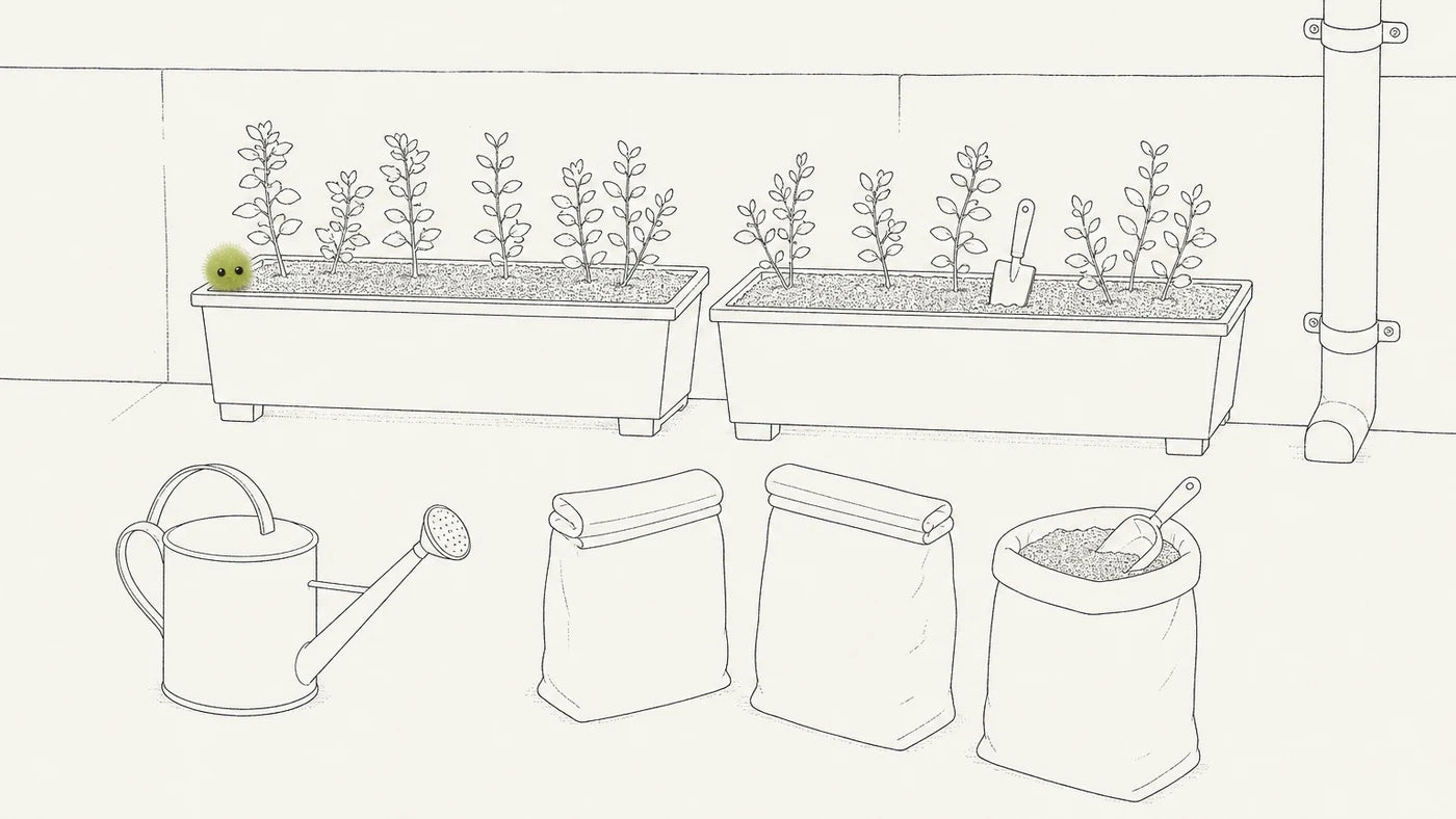 Line drawing of a plain back terrace. Against the wall, two long planter troughs on short feet, their soil drawn as fine stipple, with young herb plants growing from them and a hand trowel stuck upright in the right-hand one; a rainwater downpipe runs down the wall behind. On the floor in front stand three plain unprinted paper sacks: two closed, their tops rolled over and folded flat, and one open at the right, filled to the brim with the same fine crumb and a scoop resting in it. A watering can stands to the left. Speedo, the culture, is perched on the near rim of the left-hand trough.