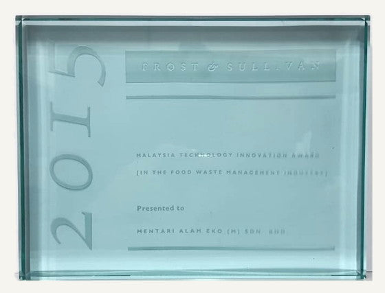 The 2015 Frost & Sullivan award: a slab of green-tinted glass with 2015 cut vertically into its left edge.