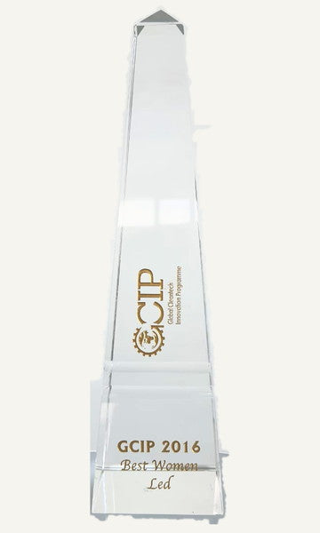 The 2016 GCIP Best Women Led award, a tall clear obelisk